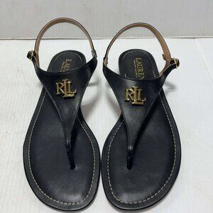 NEW 8.5 Lauren Ralph Lauren Black Ellington Flat Leather Sandals